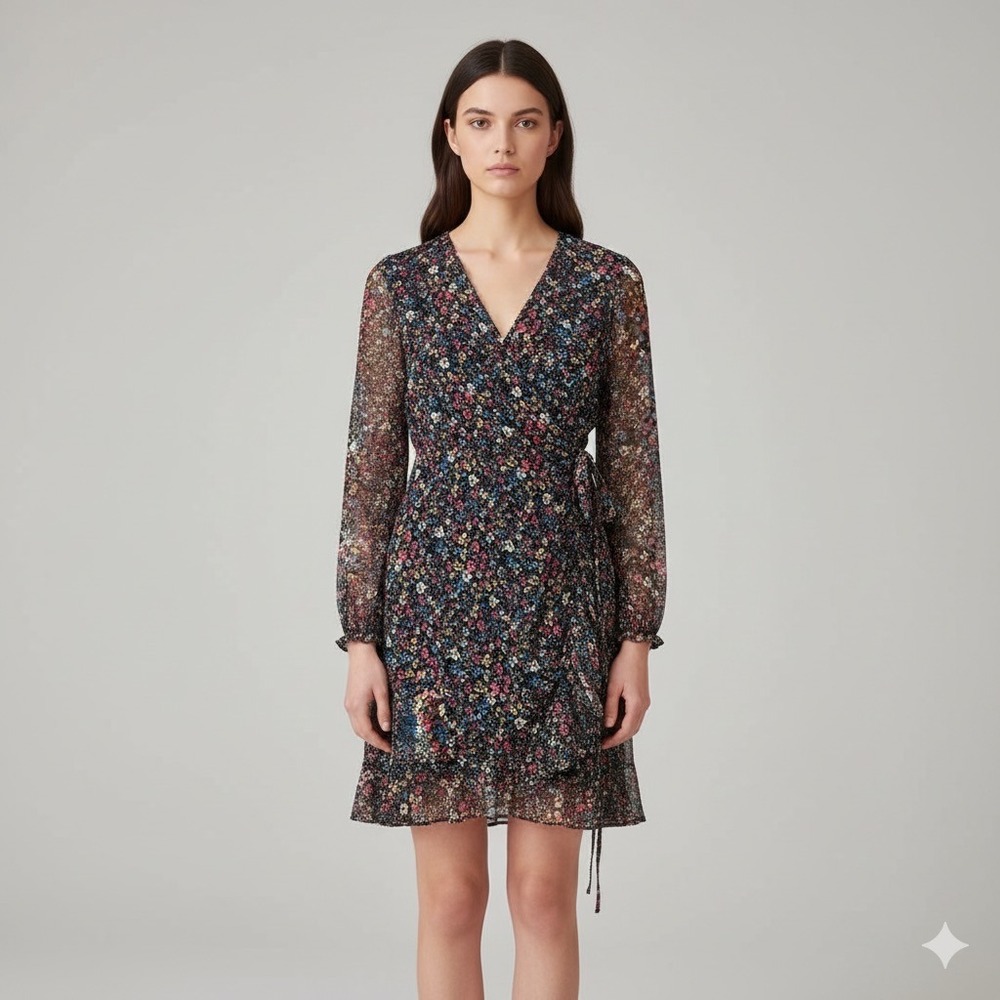 AVLN‎ STUDIO Floral Faux Wrap Dress Long Sleeve Sheer Mesh Ruffle Mini Black
